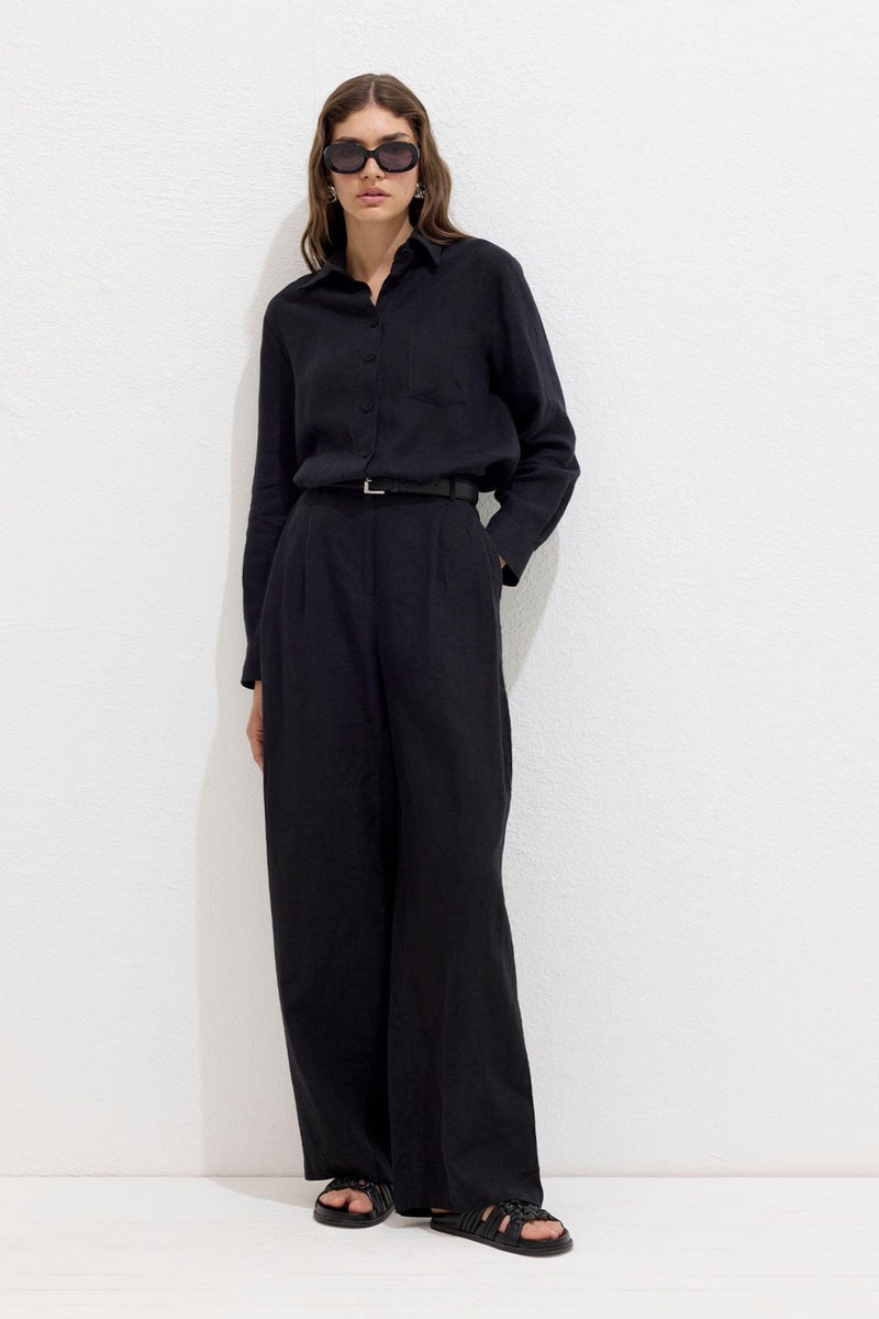 Manuka Coated Buttoned Linen Fit Shirt Black  - Image 4
