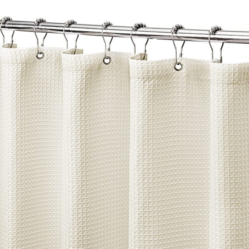 MISS SELECTEX Machine Washable Cloth Shower Curtain Matt Waffle Durable Thick Cloth Shower Curtain for BathroomPremium Water Repellent Fabric Luxury Spa Hotel Shower Curtain48Wx72HEcruBeige