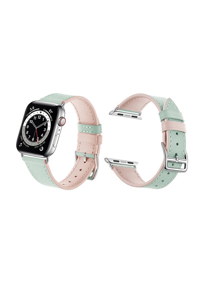 Perfii Genuine Leather Replacement Band For Apple Watch Series 6/SE/5/4/3/2/1 Light Green Pink