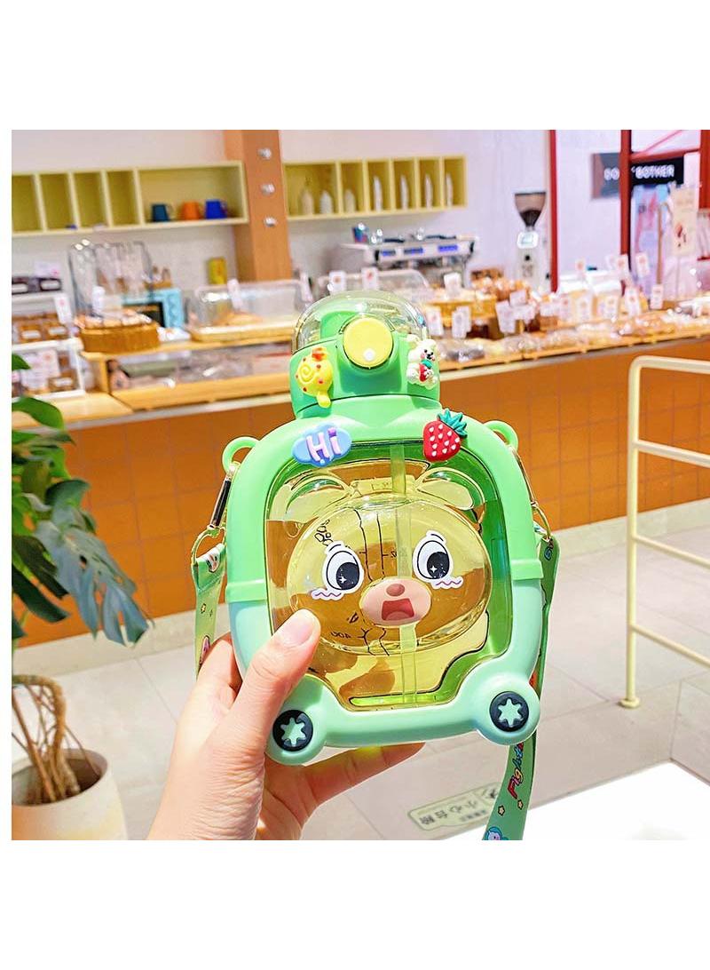 Children's water cup, large capacity, portable straw cup, double mouth, small bear anti drop plastic water bottle