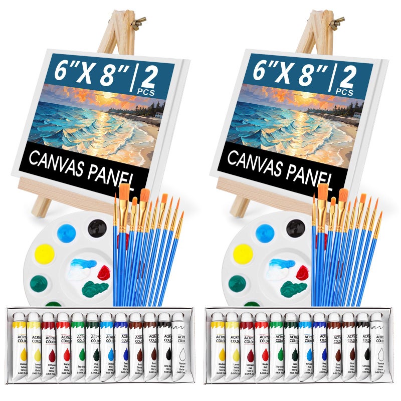 ESRICH 52PCS Acrylic Paint Canvas Set, Acrylic Painting Kit with 2 Set of 12 Colors Acrylics Paint,Paint Brushes,Canvas, Wooden Easels, Art Plates, Art Painting Supplies for Kids Adults Beginners - Image 1
