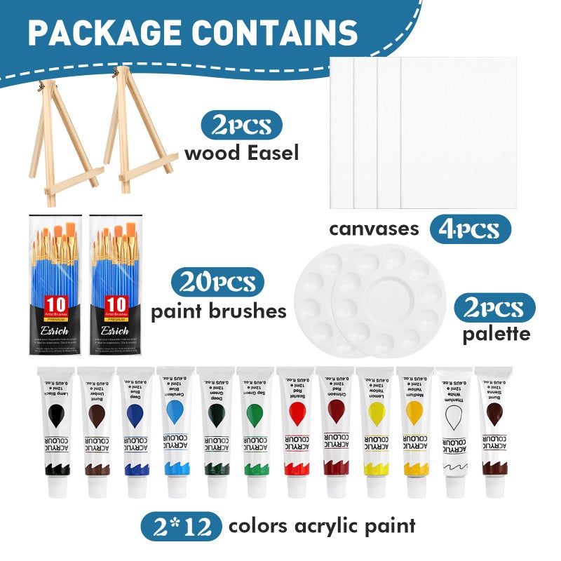 ESRICH 52PCS Acrylic Paint Canvas Set, Acrylic Painting Kit with 2 Set of 12 Colors Acrylics Paint,Paint Brushes,Canvas, Wooden Easels, Art Plates, Art Painting Supplies for Kids Adults Beginners - Image 2