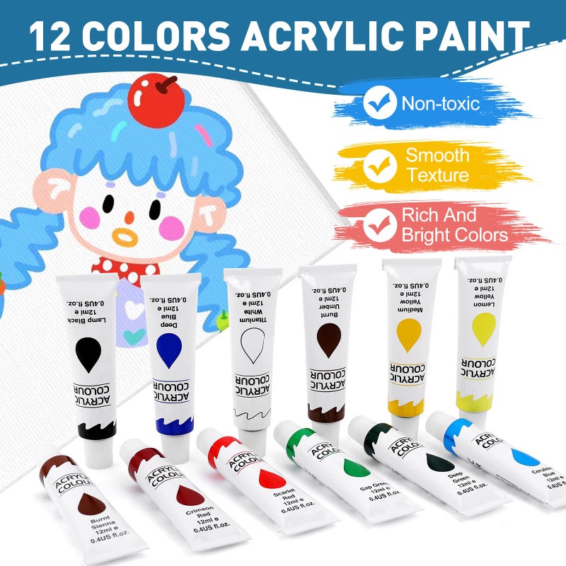 ESRICH 52PCS Acrylic Paint Canvas Set, Acrylic Painting Kit with 2 Set of 12 Colors Acrylics Paint,Paint Brushes,Canvas, Wooden Easels, Art Plates, Art Painting Supplies for Kids Adults Beginners - Image 3