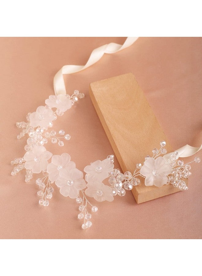 BERYUAN Women White Flower Beads Crytsal Hair Vine Silver Wedding Handmade Headband Flower Beads Hair Accessory Silver Headpiece For Brides Bridesmaid - Image 1