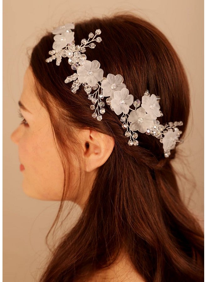 BERYUAN Women White Flower Beads Crytsal Hair Vine Silver Wedding Handmade Headband Flower Beads Hair Accessory Silver Headpiece For Brides Bridesmaid - Image 3
