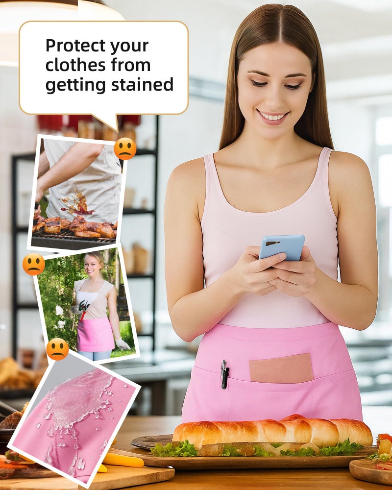 Argstar 2 Pack Half Apron with 4 Pockets, Waterdrop Resistant Server Waiter Waitress Waist Aprons Pink - Image 4
