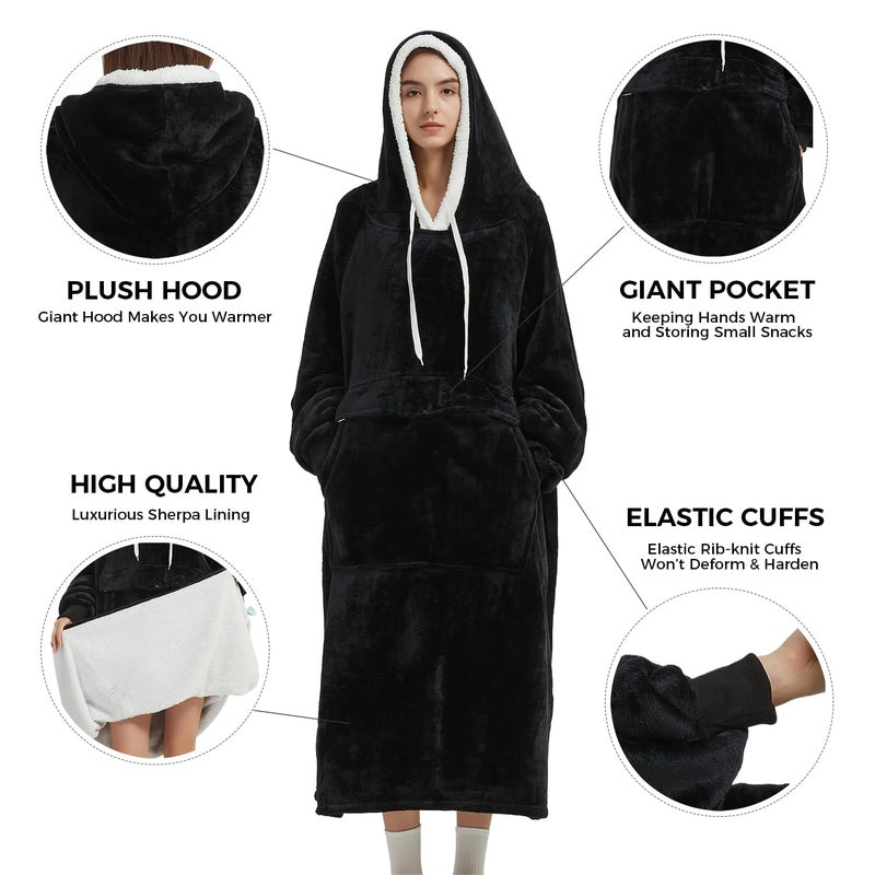 Qeils Wearable Blanket Hoodie for Women, Comfy Sherpa Sweatshirt Blanket as Birthday Christmas Gifts, Oversized Pullover Jacket Blanket Hoodie for Adult (Carbon Blackâ€‹, Oversized) - Image 4