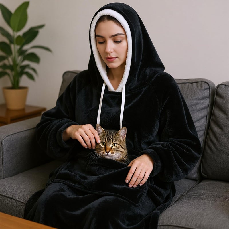 Qeils Wearable Blanket Hoodie for Women, Comfy Sherpa Sweatshirt Blanket as Birthday Christmas Gifts, Oversized Pullover Jacket Blanket Hoodie for Adult (Carbon Blackâ€‹, Oversized) - Image 5