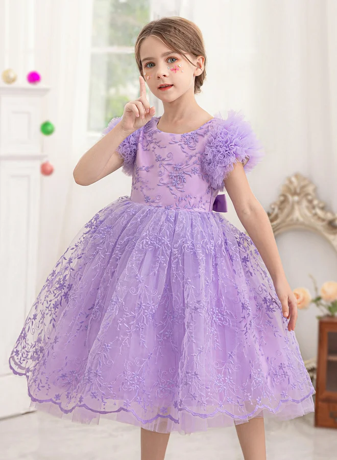 تايك تو فستان حفلات دانتيل وشبك بطبعة زهور وتفاصيل فيونكة للبنات