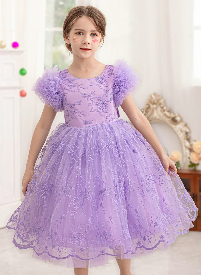 تايك تو فستان حفلات دانتيل وشبك بطبعة زهور وتفاصيل فيونكة للبنات