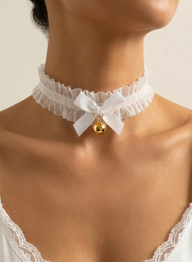 تايك تو Plain Lace Bow Bell Choker Necklace