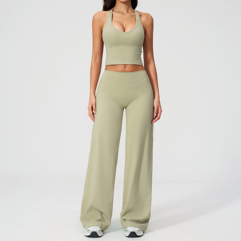 ZeChuang European and American TK Halter Neck Backless Sports Set - Fitness Wide Leg Straight Pants Outdoor Casual Yoga Outfit 5529