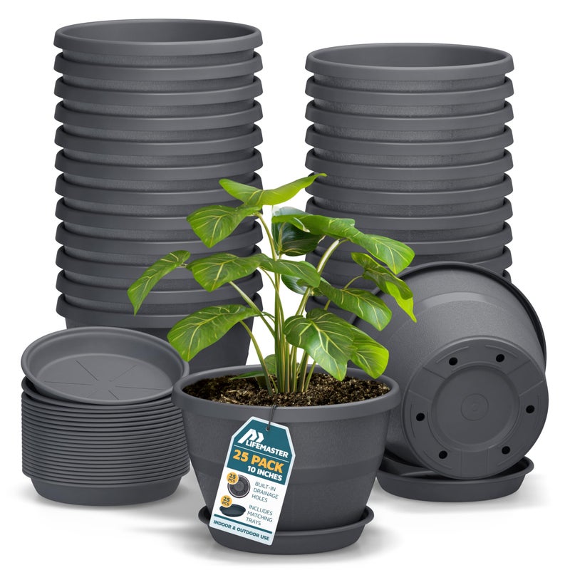 LifeMaster 10-Inch Whiskey Barrel Planters Outdoor Pack of 25 - Durable Plastic Plant Pots for Indoor & Outdoor Use with Drainage & Saucer, Lightweight Rustic Barrel Planters for Flowers, Herbs & Small Plants - Image 1
