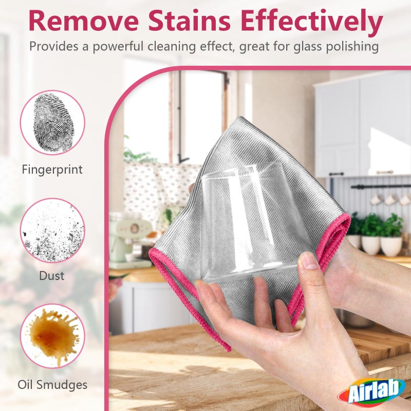 Airlab Glass Polishing Cloth Streak Free Miracle Microfiber Cleaning Cloth Lint Free Cleaning Rags for Glasses Kitchen Dish Mirrors Easy Clean, Pack of 6, 12" x 12", Sliver-Pink - Image 2