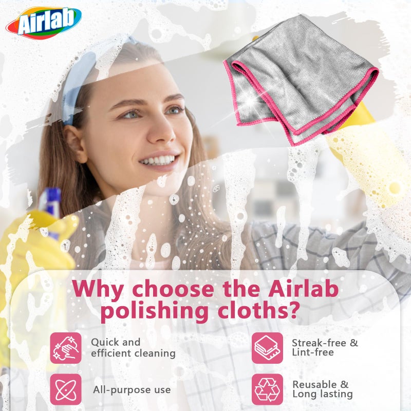 Airlab Glass Polishing Cloth Streak Free Miracle Microfiber Cleaning Cloth Lint Free Cleaning Rags for Glasses Kitchen Dish Mirrors Easy Clean, Pack of 6, 12" x 12", Sliver-Pink - Image 3