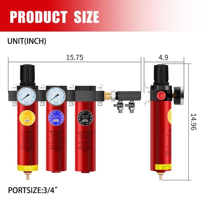 NANPU Z Series 3-Stage Air Filtration System Sintered, Fine, & Charcoal Filters, 3/4" Npt Inlet, 1/4" Npt Outlet Module, 0-230 Psi Gauge, 127 Cfm @ 6 Bar, Metal Housing, Heat Resistant To 248F - Image 3