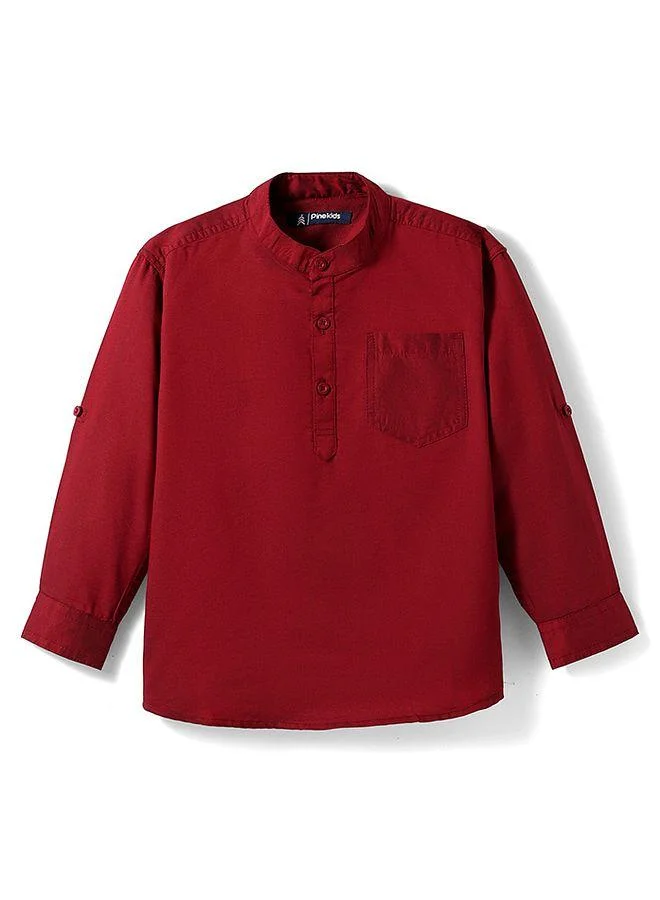 Pine Kids Pine Kids Cotton Woven Full Sleeves Solid Colour Shirt - Dark Red