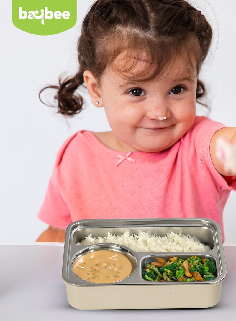 BAYBEE 1050ml Stainless Steel Lunchbox for Adults – 3-Compartment Insulated Tiffin Box, 304 Steel, Microwave-Safe, Easy to Clean, Ideal for Office, School Girls & Boys (Beige) - Image 2