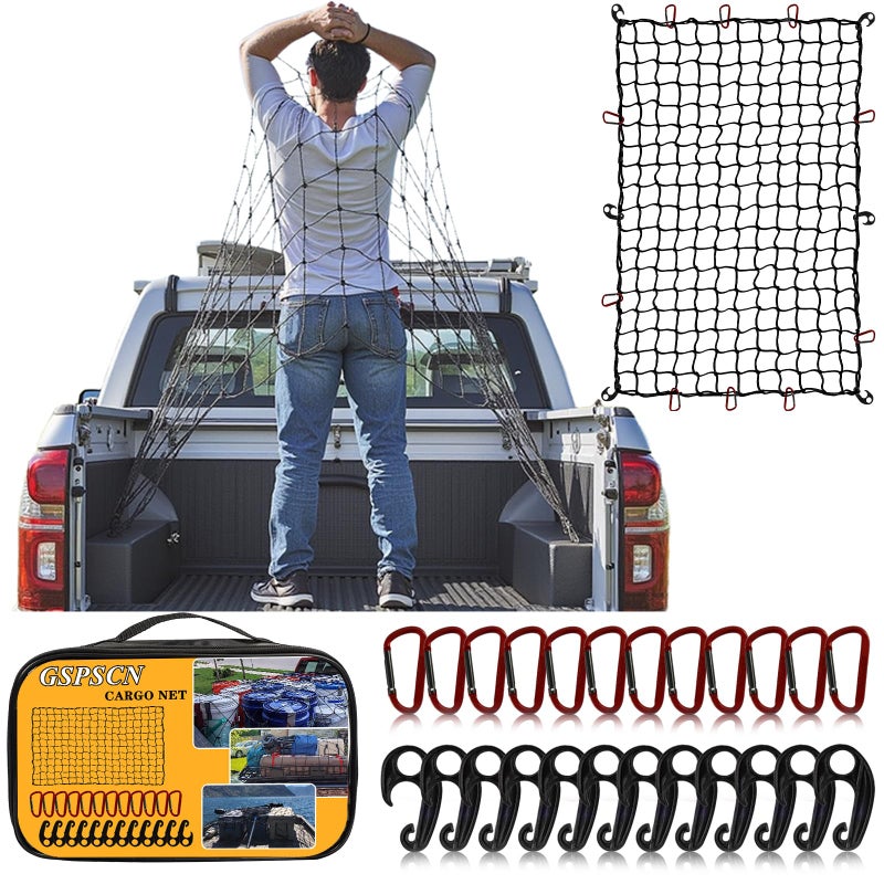 GSPSCN Cargo Net 6 x 4 for Truck Pickup Bed TrailerBoatRV SUV Stretches to 12x18 Max Roof Rack NetSmall 4x4 Mesh Heavy Duty Bungee Cord Netting Compatible with Dodge RamChevy FordToyota