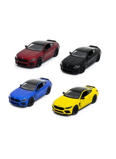 Kinsmart مجموعة من 4 قطع من سيارة BMW M8 Competition Coupe بمقياس 1/38 مع أبواب معدنية قابلة للفتح والسحب للخلف - سيارة لعبة متنوعة الألوان 