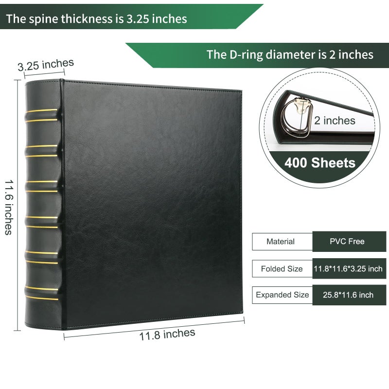 LETVPVOW Vintage Hardback 3 Ring Binder 2 Inch, Professional Leather Binder 3 Ring, Three Ring Binders Fits 8.5" x 11", D Ring Binders for Photo Album, Home, School and Office Supplies- Dark Green - Image 2