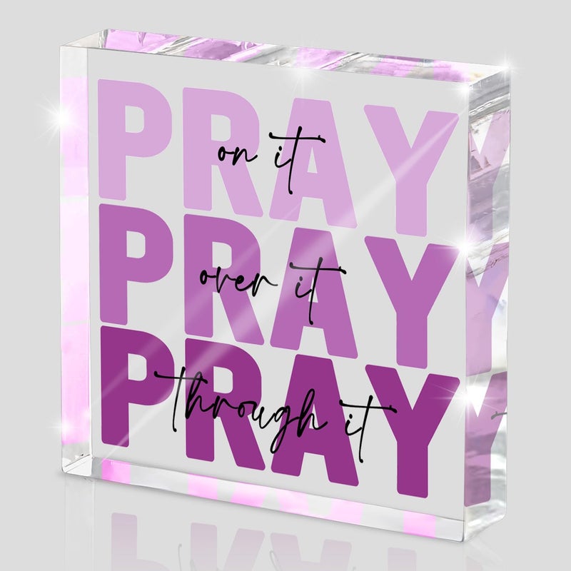 zaxek Purple Christian Gifts for Women -Religious Plaques Christian Woman Decor Gift, Modern Home Office Room Bathroom Bedroom Tabletop Shelf Desk Valentines Day Decor, Pray on it Pray through it - Image 1