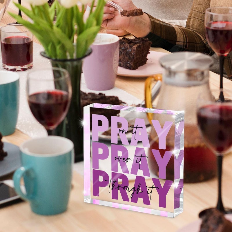 zaxek Purple Christian Gifts for Women -Religious Plaques Christian Woman Decor Gift, Modern Home Office Room Bathroom Bedroom Tabletop Shelf Desk Valentines Day Decor, Pray on it Pray through it - Image 3