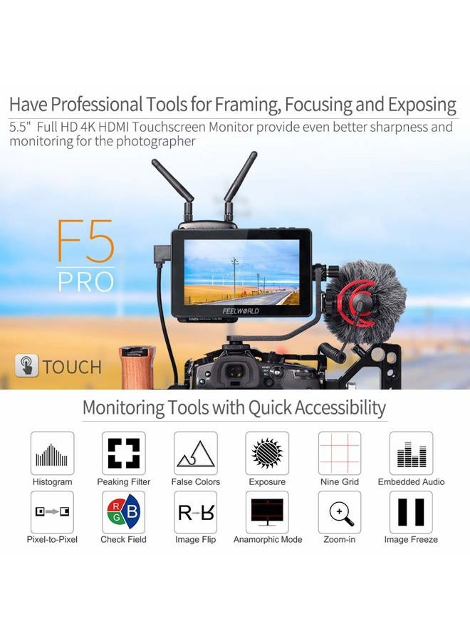 Feelworld F5 Pro IPS FHD1920x1080 4K HDMI Input Output 5 V Type-c Input Tilt Arm Sun Shade Touch Screen DSLR Camera Field Monitor (5.5in) - Image 2