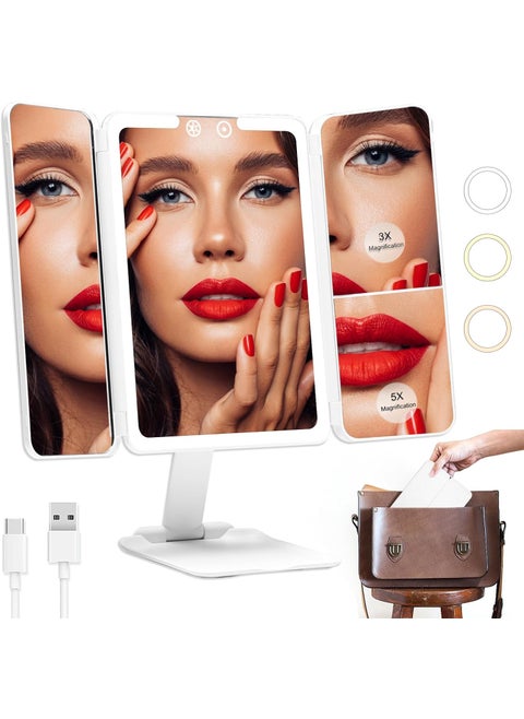 Travel Makeup Mirror with Lights, 1x/3x/5x Trifold Lighted Makeup Mirror with Magnification, Vanity Mirror with Lights, LED Portable Mirror for Desk with 3 Color Lights and Touch Sensor Design