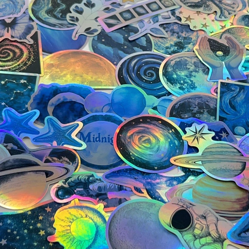 YOKSAS 50PCS Holographic Blue Space Cosmic Celestial Stickers â€“ Waterproof Vinyl Planets, Stars, Moons, Astronauts, Galaxies Decals for Laptops, Phones, Water Bottles, Scrapbook - Image 1