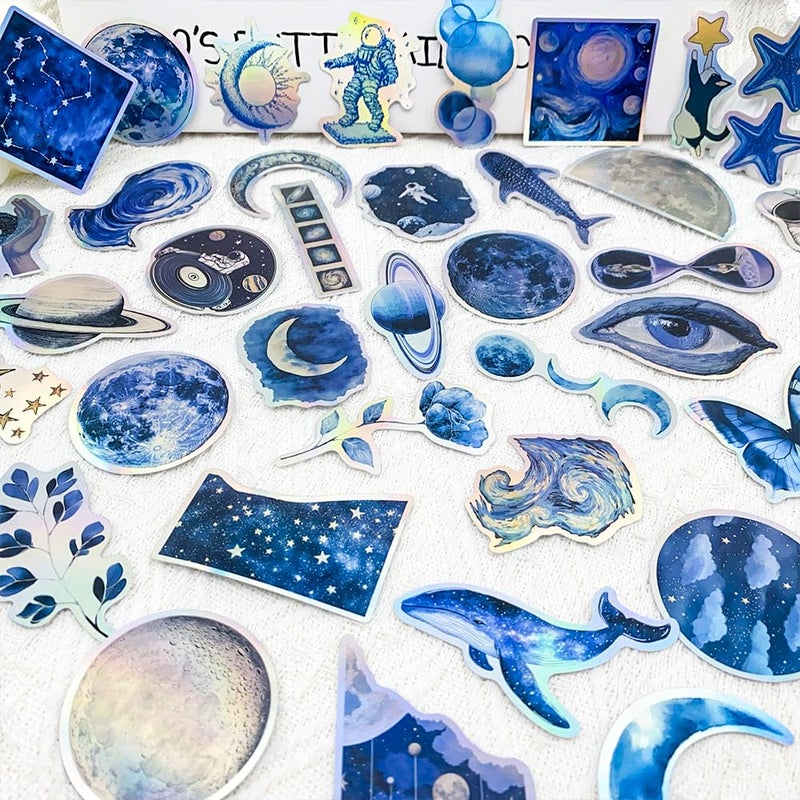 YOKSAS 50PCS Holographic Blue Space Cosmic Celestial Stickers â€“ Waterproof Vinyl Planets, Stars, Moons, Astronauts, Galaxies Decals for Laptops, Phones, Water Bottles, Scrapbook - Image 2