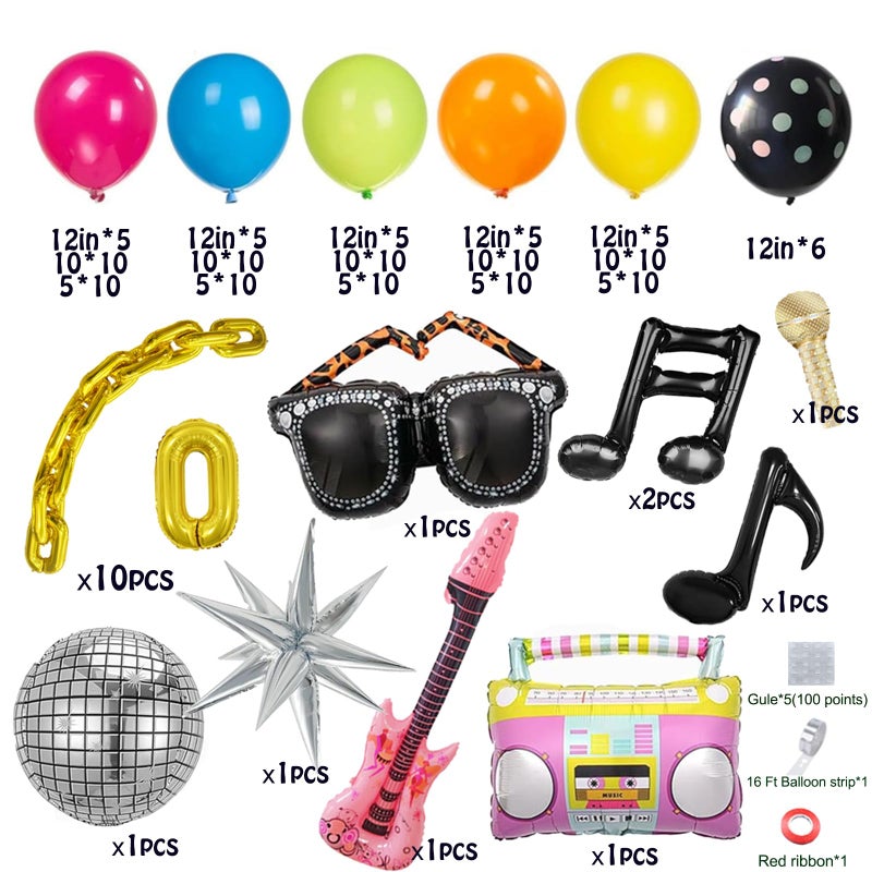AobkDeco 90s 80s Disco Theme Party Decorations, 151Pcs Balloon Arch Kit with Disco Ball, Retro Glasses, Musical Note, Guitar & Star Foil Balloons for Back to 80s 90s disco Birthday party - Image 2