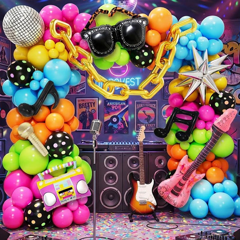 AobkDeco 90s 80s Disco Theme Party Decorations, 151Pcs Balloon Arch Kit with Disco Ball, Retro Glasses, Musical Note, Guitar & Star Foil Balloons for Back to 80s 90s disco Birthday party - Image 1