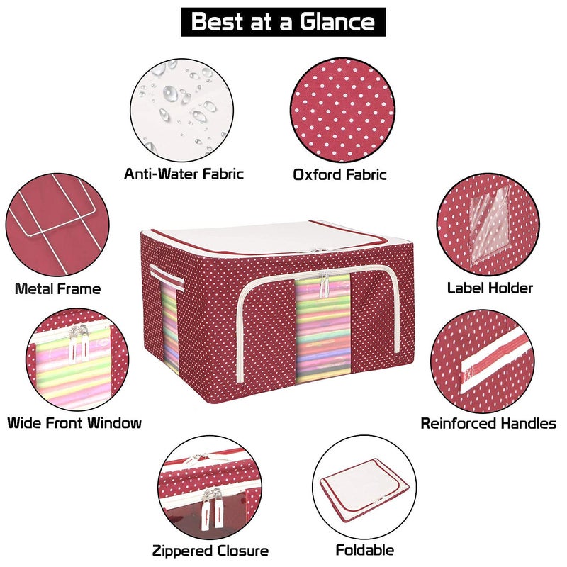 Sterling Sterling Storage Boxes for Clothes with Lid Kids Toy Storage Box Large Size 55 Ltr Oxford Fabric Cover Foldable And Washable Stainless Steel Frame For Extra Durability Polka Dots Red Color  - Image 2