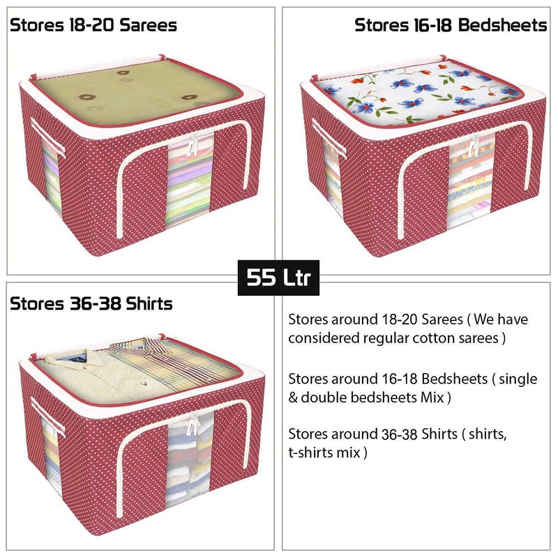 Sterling Sterling Storage Boxes for Clothes with Lid Kids Toy Storage Box Large Size 55 Ltr Oxford Fabric Cover Foldable And Washable Stainless Steel Frame For Extra Durability Polka Dots Red Color  - Image 3