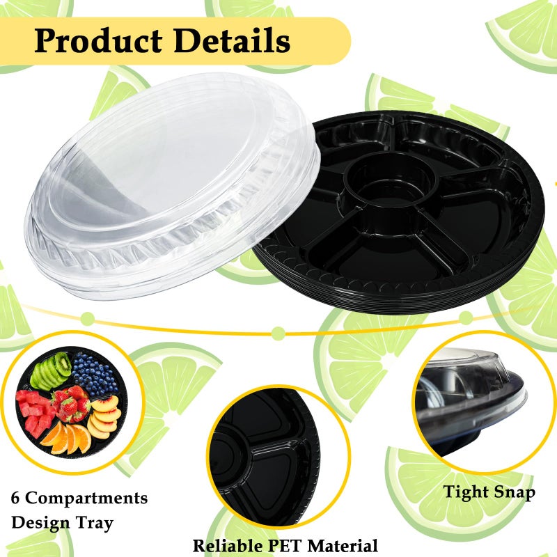Tiaiidi 12 Pack Plastic Appetizer Trays with Lid,Disposable Clear Divided Serving Tray,6 Sectional Round Food Storage Container Platter for Party,Snack,Fruit,Vegetable - Image 3