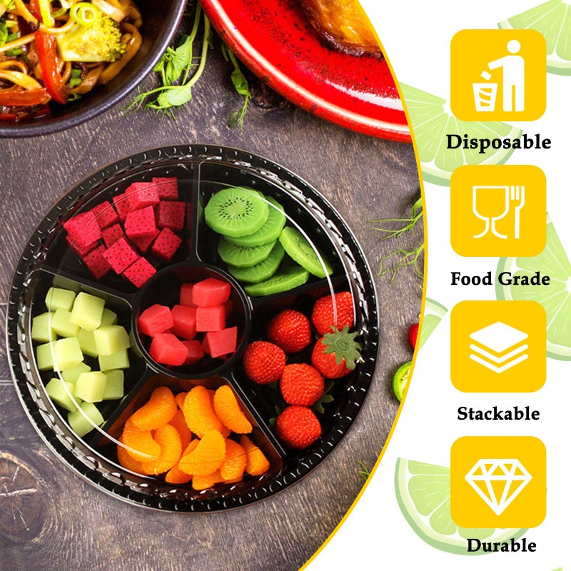 Tiaiidi 12 Pack Plastic Appetizer Trays with Lid,Disposable Clear Divided Serving Tray,6 Sectional Round Food Storage Container Platter for Party,Snack,Fruit,Vegetable - Image 4