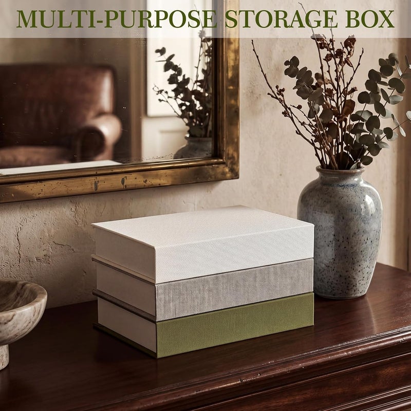 Tioncy 3 Pcs Fake Book Box Neutral Linen Book Box Decorative Faux Prop Storage for Farmhouse Home Decor shelf Table Card Photo DIY Keepsake Gift (8.6 x 5.9 x 1.8 Inch,Olive Green) - Image 4