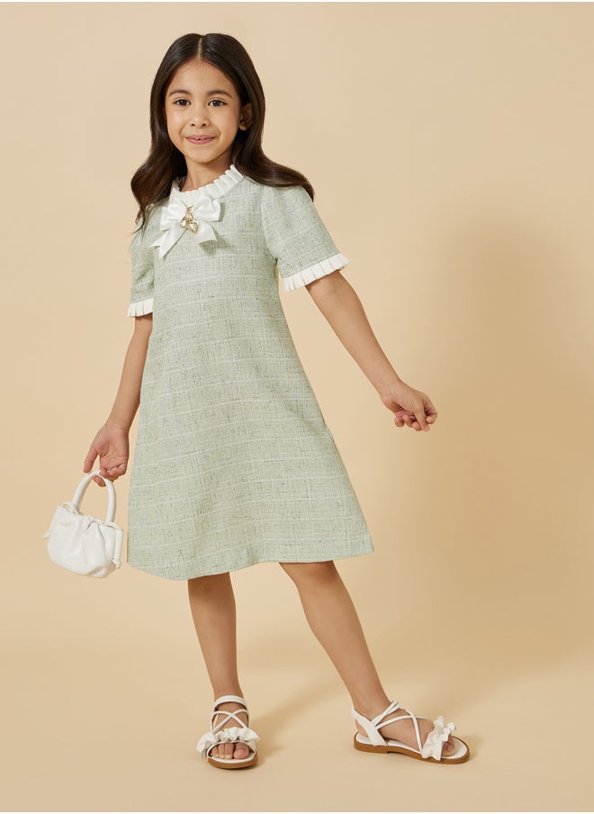 Styli Styli Tweed Ruffle Trim Dress with Bow Detail  - Image 1