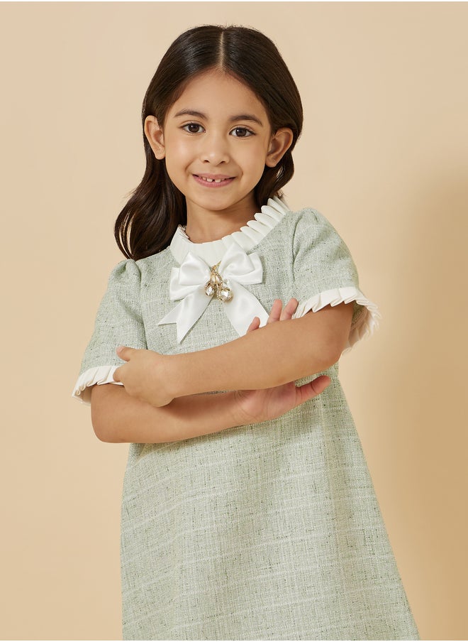 Styli Styli Tweed Ruffle Trim Dress with Bow Detail  - Image 3