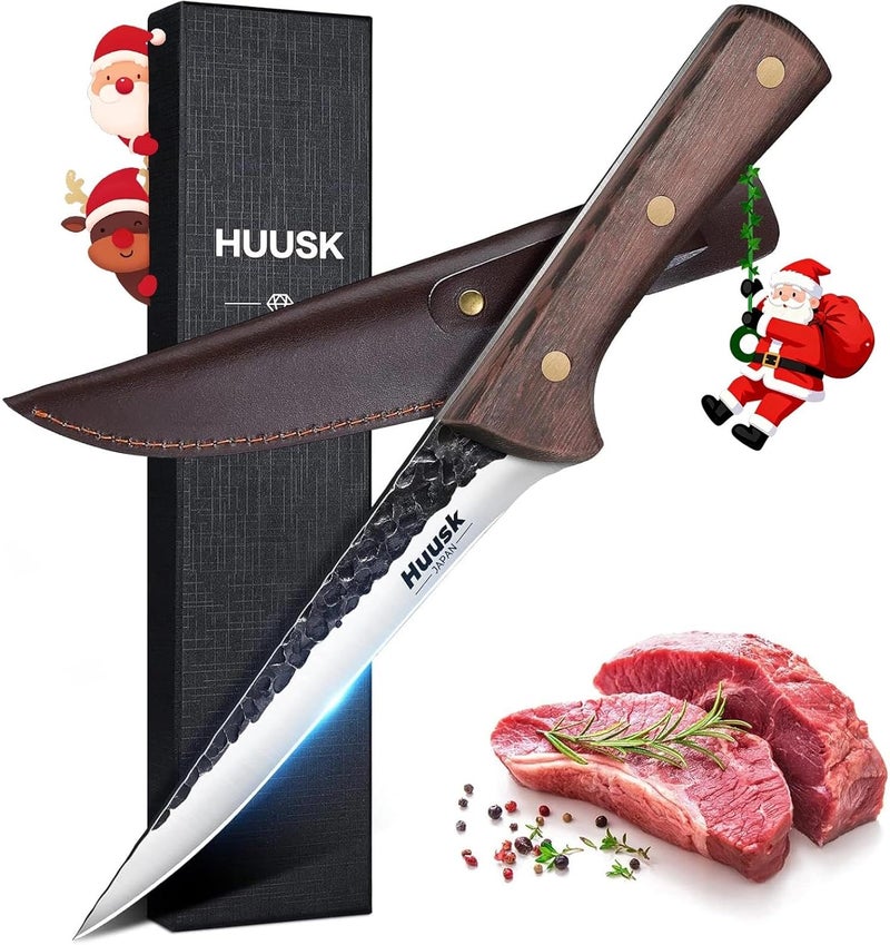 Huusk Boning Knife for Meat Cutting 5.5 Inch, Japanese Brisket Trimming Knife with Sheath Sharp Fish Fillet Knives, Outdoor Hunting Knives, Christmas Gifts for Men Women - Image 1