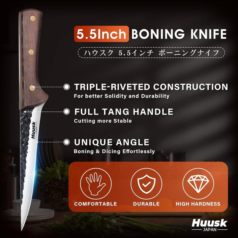 Huusk Boning Knife for Meat Cutting 5.5 Inch, Japanese Brisket Trimming Knife with Sheath Sharp Fish Fillet Knives, Outdoor Hunting Knives, Christmas Gifts for Men Women - Image 4