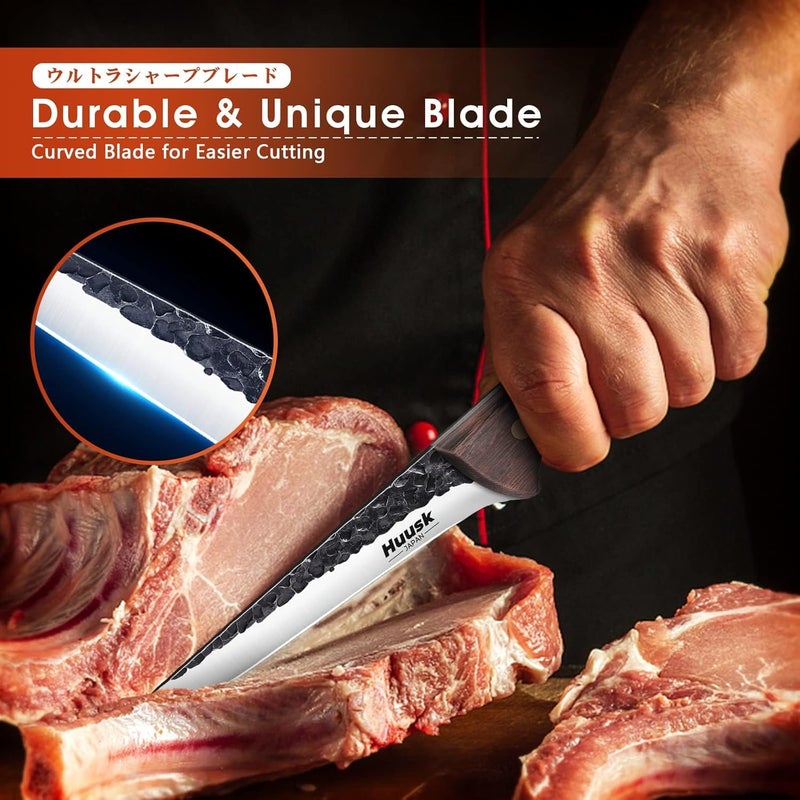 Huusk Boning Knife for Meat Cutting 5.5 Inch, Japanese Brisket Trimming Knife with Sheath Sharp Fish Fillet Knives, Outdoor Hunting Knives, Christmas Gifts for Men Women - Image 3