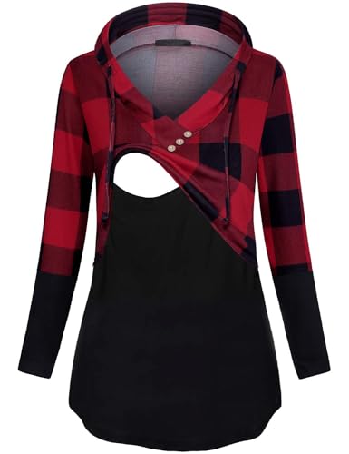 connche Nursing Shirts Breastfeeding, Quinee Latched Mama Long Sleeve Button V Neck Maternity Sweatshirt Womens Workout Clothes Pregnancy Hoodie Kangaroo Pocket Shirts Black Red Plaid XL - Image 1