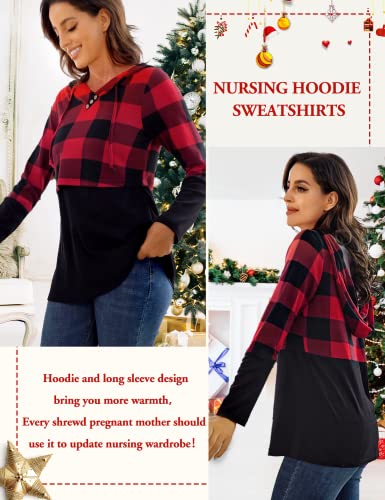 connche Nursing Shirts Breastfeeding, Quinee Latched Mama Long Sleeve Button V Neck Maternity Sweatshirt Womens Workout Clothes Pregnancy Hoodie Kangaroo Pocket Shirts Black Red Plaid XL - Image 4