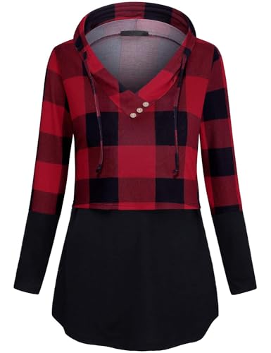 connche Nursing Shirts Breastfeeding, Quinee Latched Mama Long Sleeve Button V Neck Maternity Sweatshirt Womens Workout Clothes Pregnancy Hoodie Kangaroo Pocket Shirts Black Red Plaid XL - Image 2