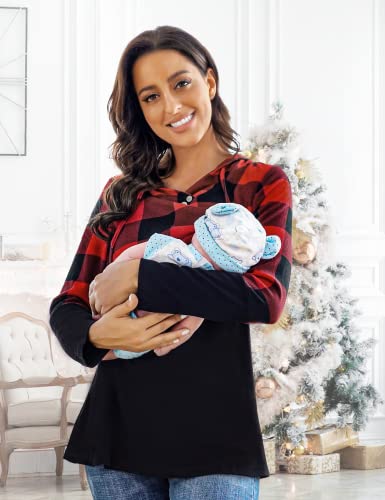 connche Nursing Shirts Breastfeeding, Quinee Latched Mama Long Sleeve Button V Neck Maternity Sweatshirt Womens Workout Clothes Pregnancy Hoodie Kangaroo Pocket Shirts Black Red Plaid XL - Image 5