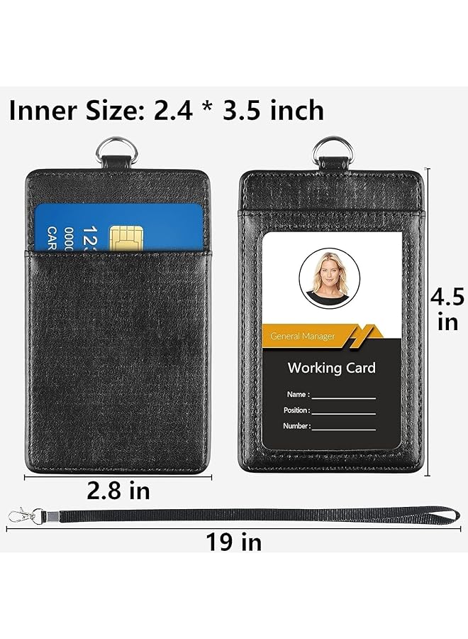 erorex Card Holder With Lanyard Id Badge Holder With Clear Window And Holds 2 Cards Pu Leather Vertical Badge Holder For Id Cards Offices Schools Bus Passes Vertical Black - Image 3