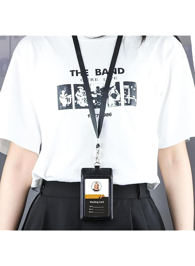 erorex Card Holder With Lanyard Id Badge Holder With Clear Window And Holds 2 Cards Pu Leather Vertical Badge Holder For Id Cards Offices Schools Bus Passes Vertical Black - Image 2