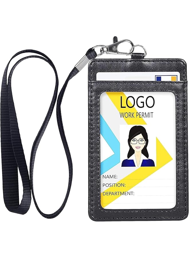 erorex Card Holder With Lanyard Id Badge Holder With Clear Window And Holds 2 Cards Pu Leather Vertical Badge Holder For Id Cards Offices Schools Bus Passes Vertical Black - Image 1